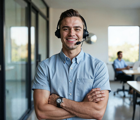 Publishing consultant with headset, ready to answer your questions